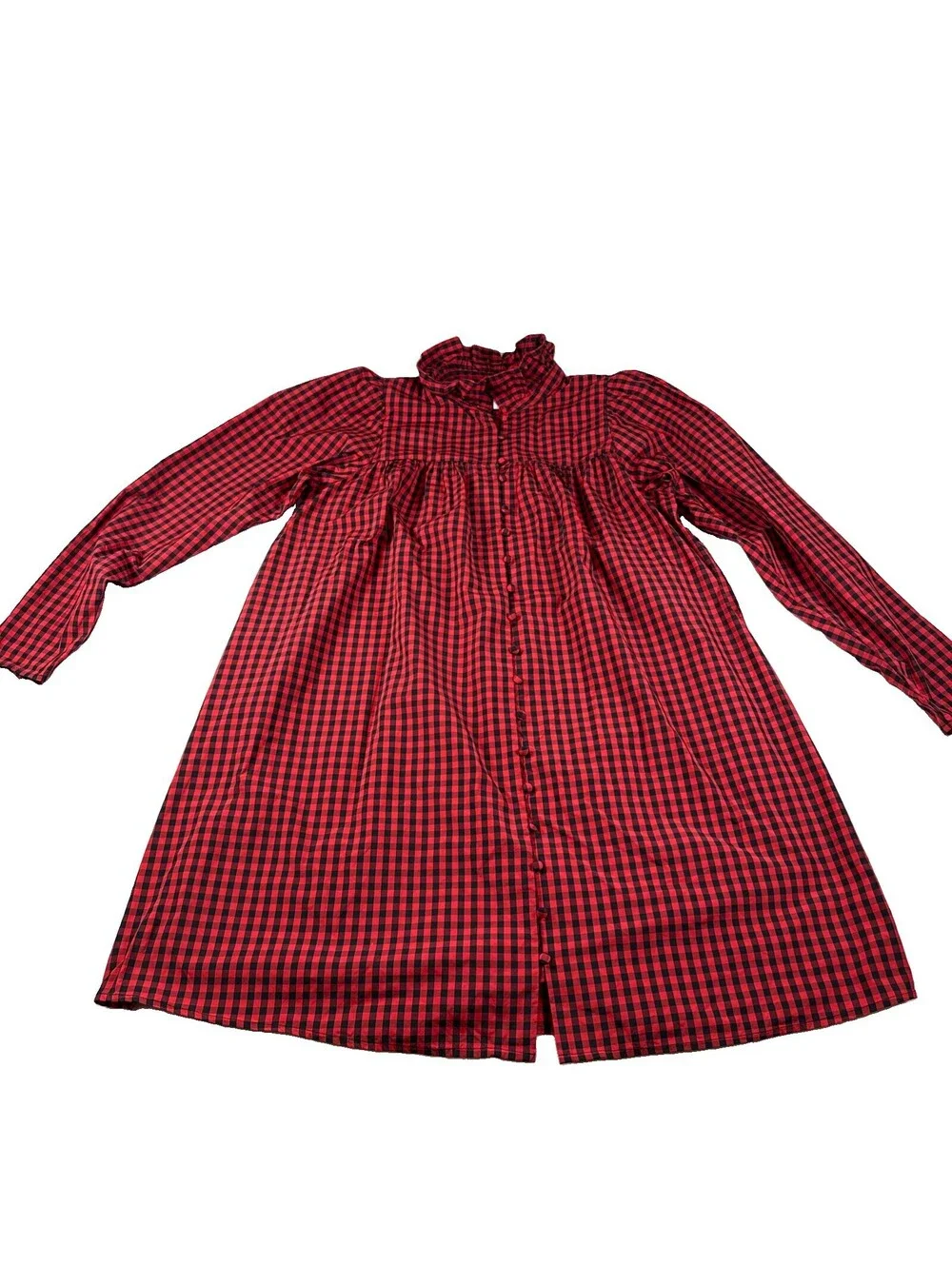 H&M Black & Red Gingham Button Front Ruffle Neck Dress Size Large Pre Owned